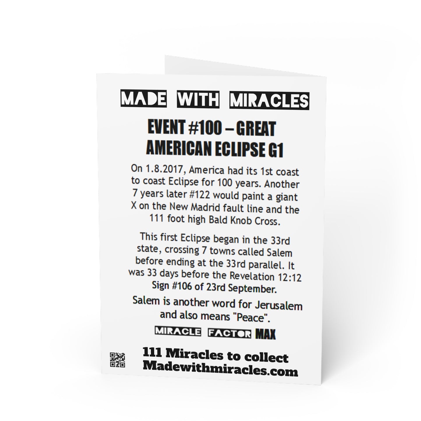 #100 Made with Miracles Greetings Card (INT) Great American Eclipse 1